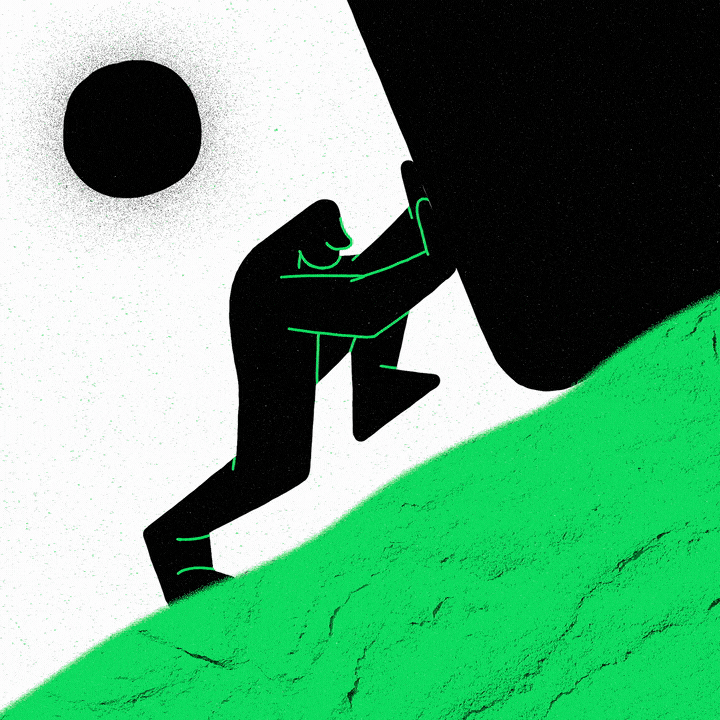 Sisyphus worker pushing a rock as a metaphor for repetitive manual work